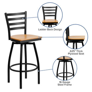 Duty-Built® Ladder-Back Metal Swivel Barstool - Wood Seat